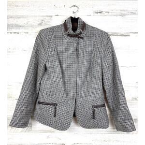 Talbots Womens 8 Gray Brown Houndstooth Peplum Wool Leather Zip Work Jacket